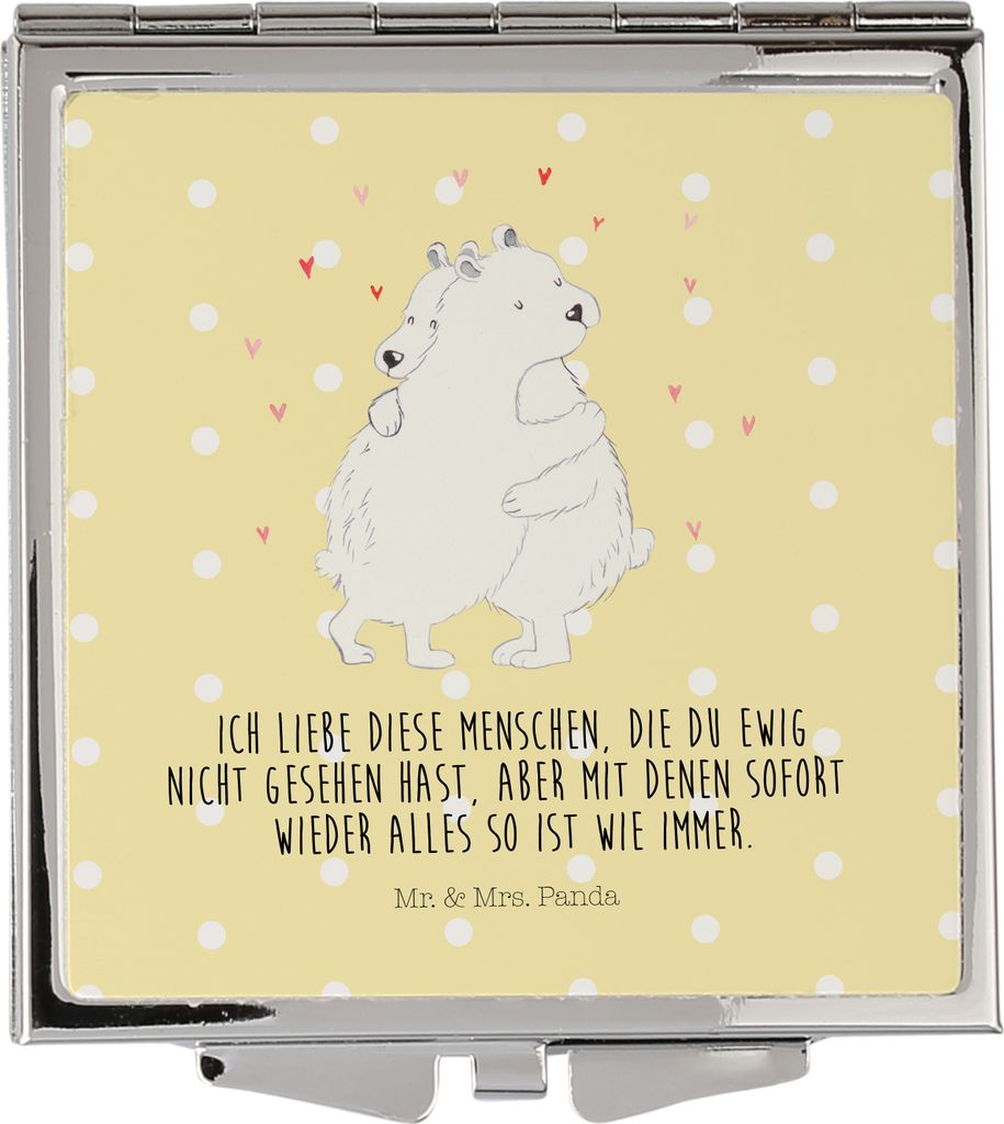 Mr. & Mrs. Panda Handspiegel Eisbär Umarmen - Gelb Pastell - Geschenk, Klappbarer Spiegel, Quadratischer, Klappspiegel, Schminkspiegel, Kosmetiksp...