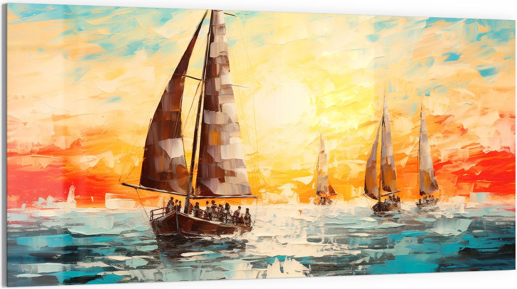 DEQOART Glasbild Echtglas 100x50 cm 'Segelabendglühen' Wandbild Bild modern Deko