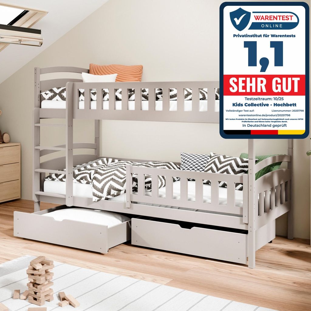 Hochbett 90x200 cm Etagenbett mit zwei Schubladen, Lattenrost, Rausfallschutz, umbaubar in zwei Einzelbetten, aus Vollholz massiv in Kaschmir, Funk...