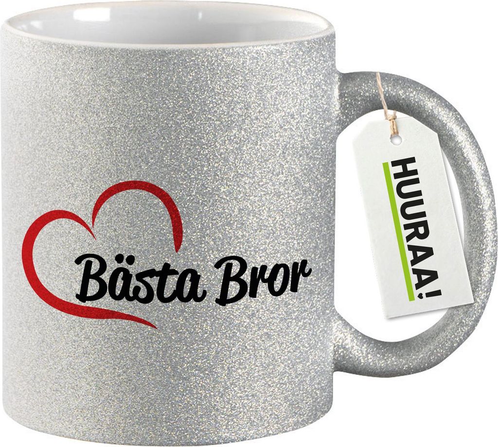 Huuraa Glitzertasse Bästa Bror Hjärta 330ml Silber Keramik Kaffeebecher Geschenkidee