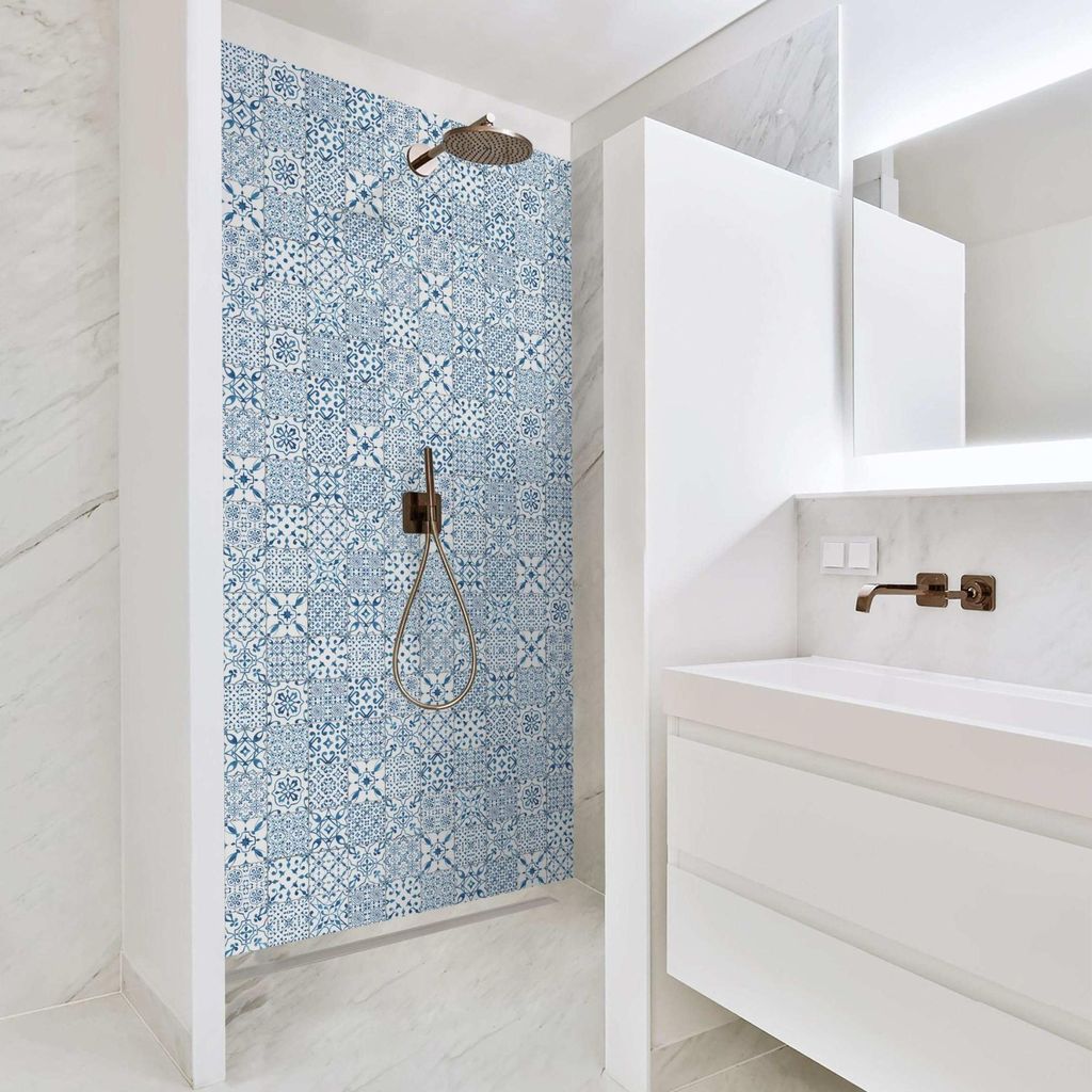 Duschrückwand Muster selbstklebend - 0.61 mm Wandpaneel wasserfest Design blau Fliesenoptik Illustration Badrückwand fugenlos Premium matt 90x190 cm