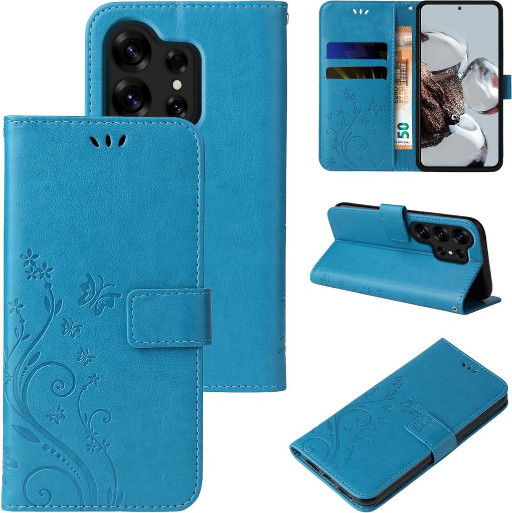 Handyhülle für Samsung Galaxy S26 Ultra Floral Blumen Schmetterling Flip Cover Hülle Case Klapphülle Handytasche Farbe: Blau