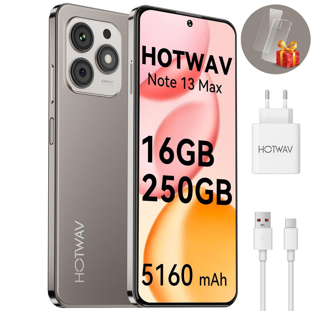 HOTWAV Android Smartphone, 16+256 GB/1 TB Handy,Smartphone ohne Vertrag, Octa-Core-Prozessor, 5160 mAh ,48 MP + 16 MP Dual-Kamera, Gold, 24 Monate
