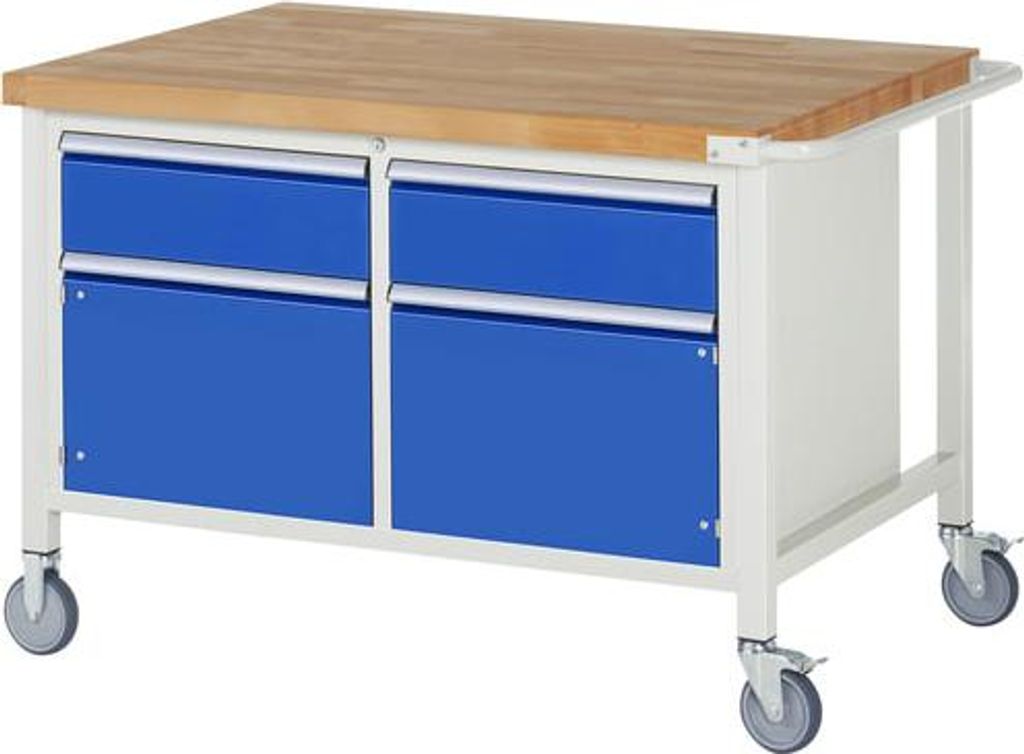 Mobile Werkbank mit 2 Schränken - 2 Schubladen - Teilauszug - 180:2 - Höhe 880-1.080 mm - 1.250 x 900 mm (BxT) - Traglast 450 kg - Buche