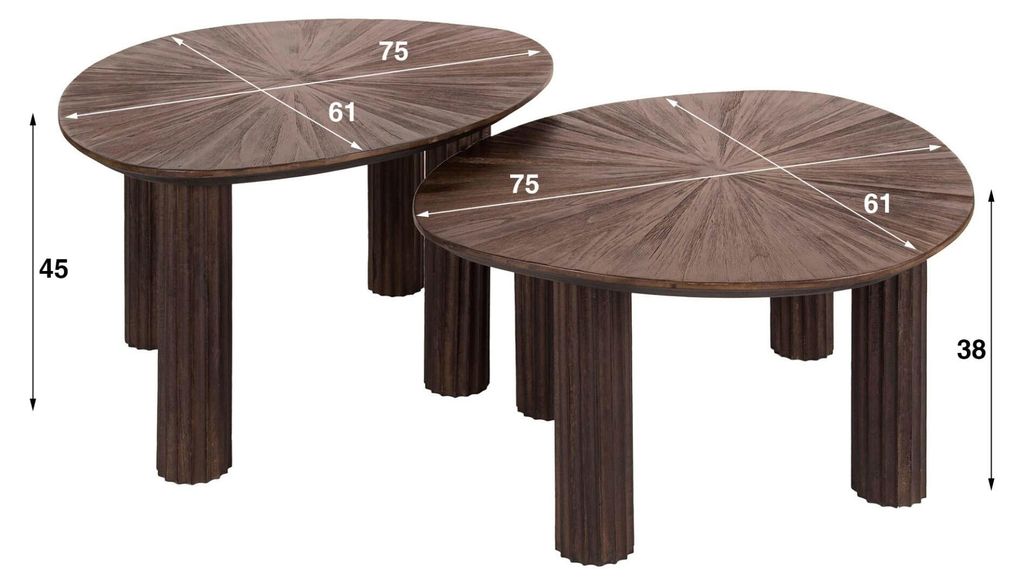 FURNLUX Couchtisch Maya Teak 75cm (2 Stück) / Hauptfarbe: Braun / Abmessungen: 75 x 45 x 61 cm