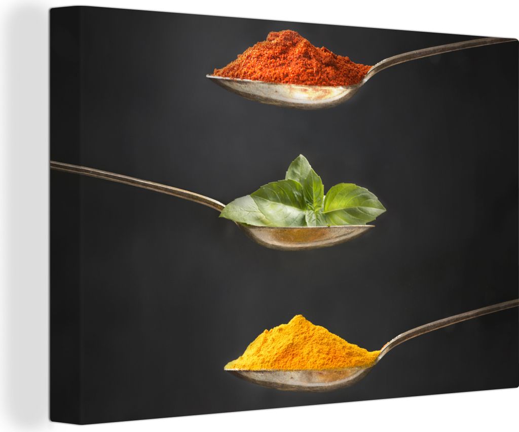 OneMillionCanvasses - Leinwandbilder - 140x90 cm, Kräuter - Löffel - Gewürze - Schwarz - Italienisch, Wandbilder Kunstdruck Wanddekoration - F...