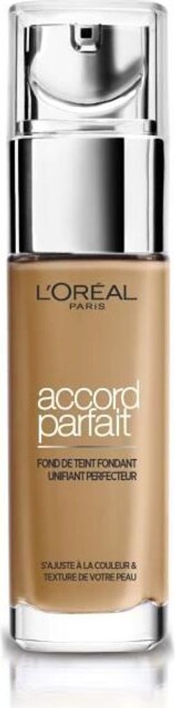 A bottle of L'Oréal Paris foundation with a pump dispenser.