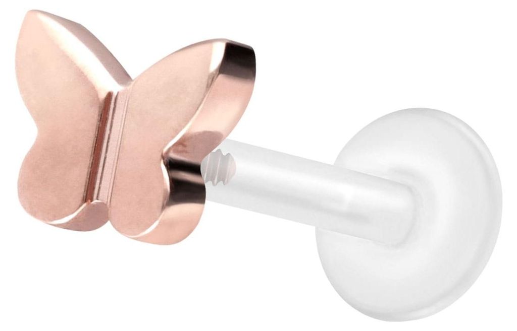 Ohrpiercing, Nasenpiercing PTFE Labret mit Innengewinde + Titan-Aufsatz SCHMETTERLING RoséGold Stablänge: 10mm | Stabstärke: 1,2mm