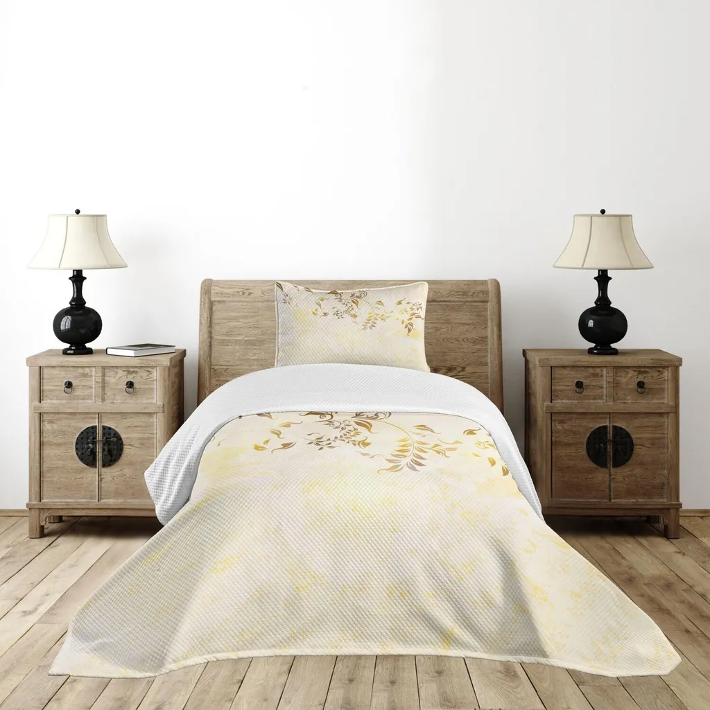 ABAKUHAUS Set copriletto beige, sfondo classico con grafica di silhouette vintage nostalgiche, 170 x 220 cm, beige giallo