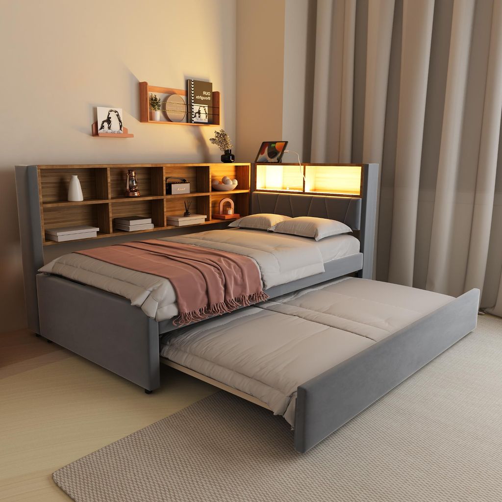 Sweiko Schlafsofa 90x200, Ausziehbett 90x190, ausgestattet mit LED Leuchten, Steckdosen und vielen Ablagefächern, Polsterbett, Multifunktionsschla...