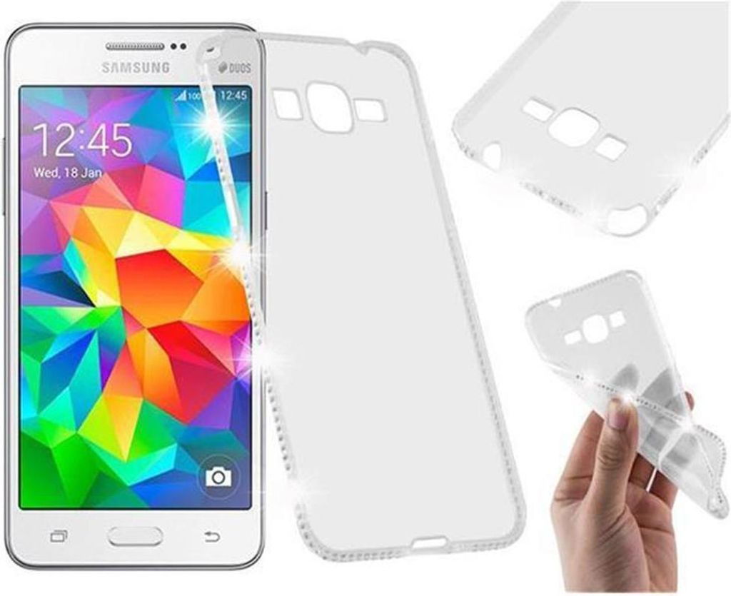 Cadorabo Hülle für Samsung Galaxy GRAND PRIME Schutz Hülle in Weiß Case Cover TPU Silikon Strass Handyhülle Etui