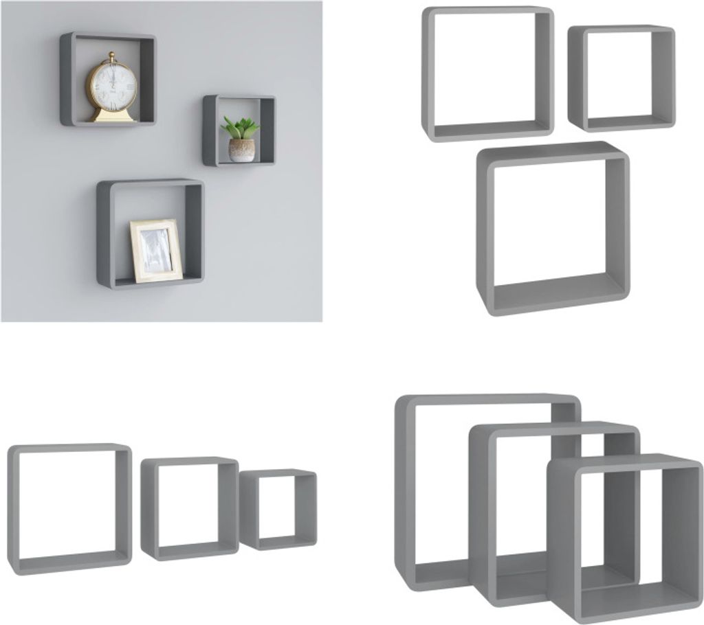 vidaXL Würfelregale 3 Stk. Grau MDF - Würfel-Regal - Würfel-Regale - Würfel-Wandregal - Würfel-Wandregale