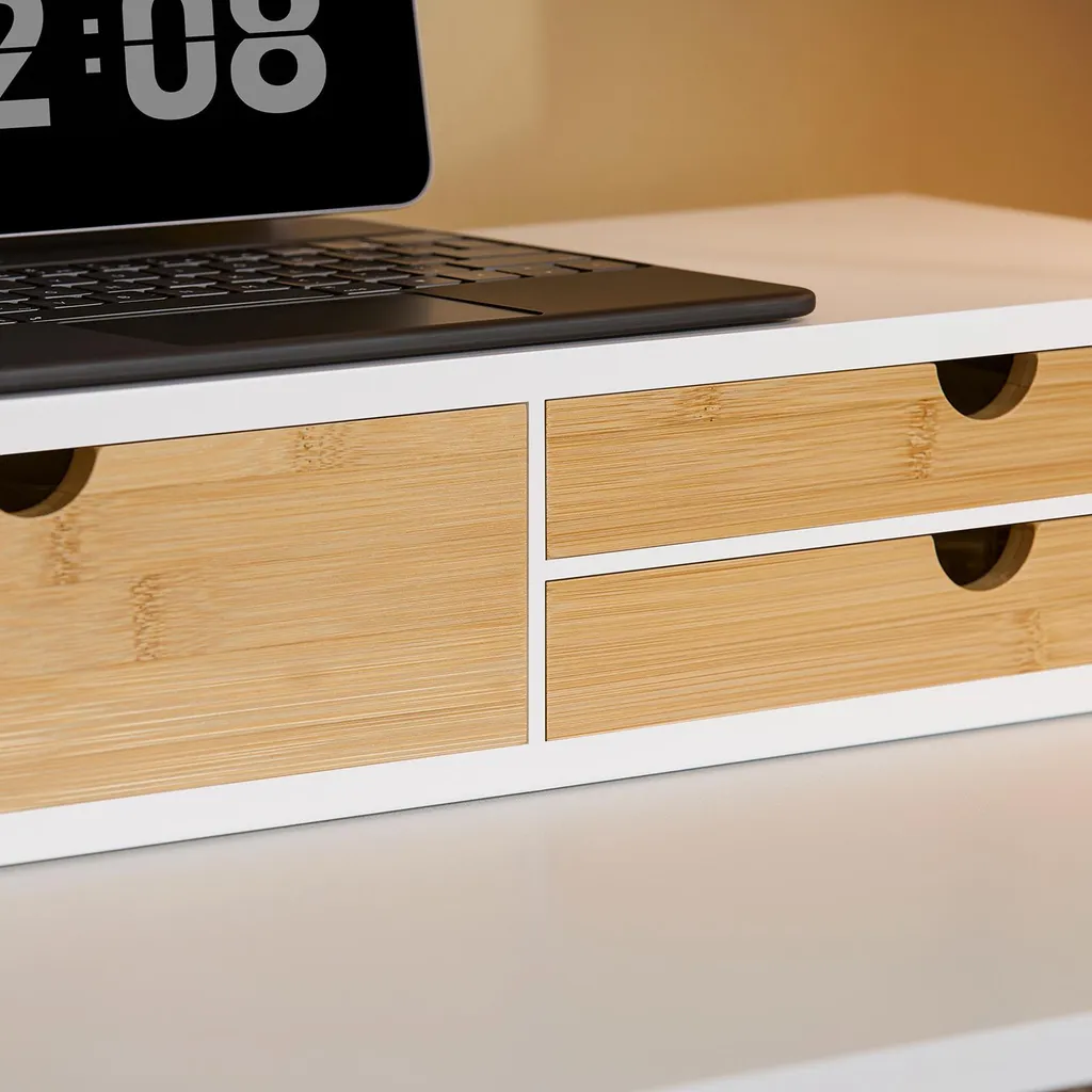 Support Écran PC Ergonomique Blanc pour Télétravail avec Rangements - 6