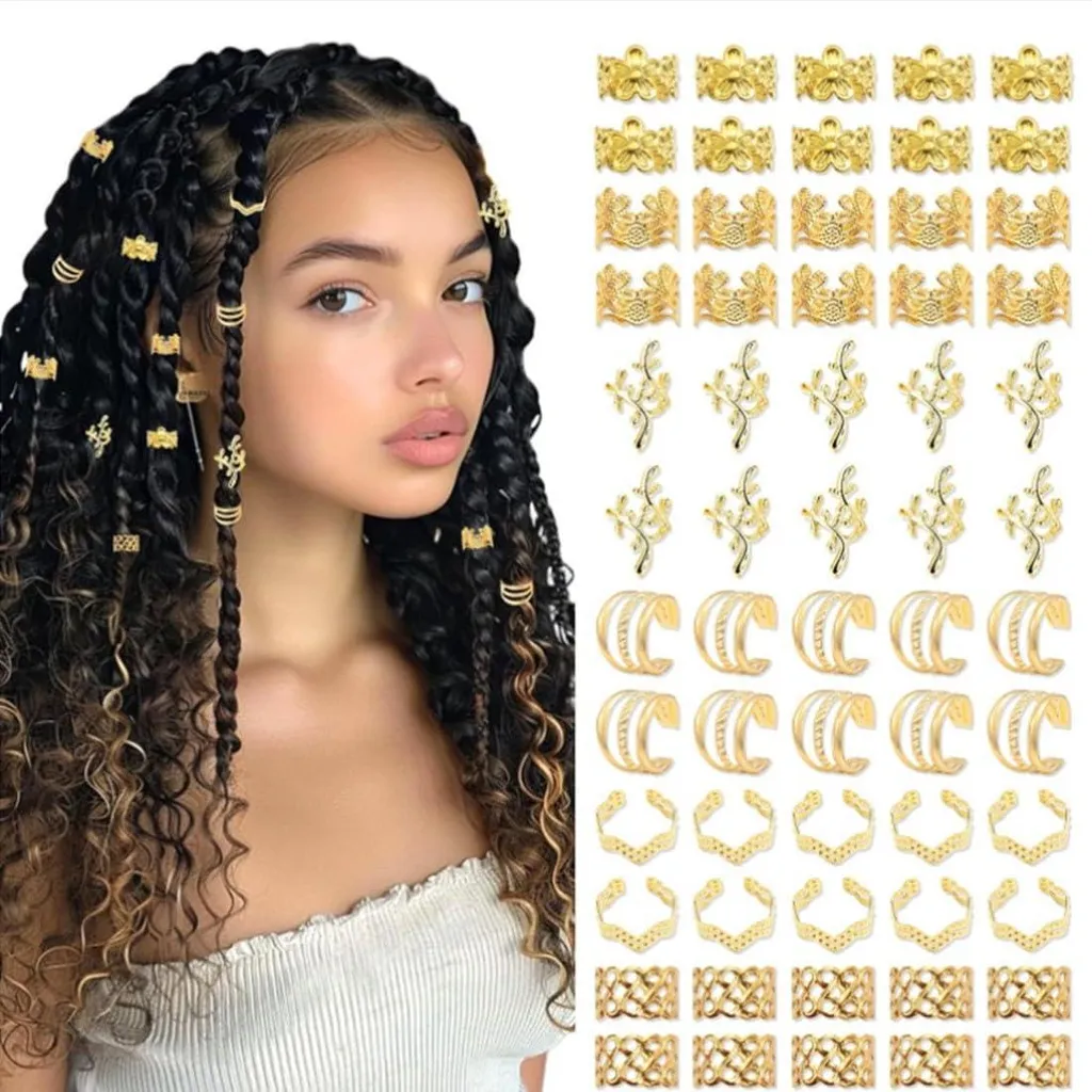 Ensemble de 60 accessoires dreadlocks et perles de cheveux dorées réglables