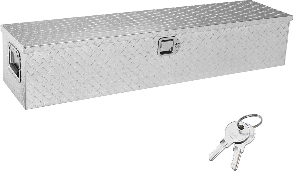 A silver aluminum toolbox with a diamond plate pattern and a lock mechanism is shown on a white background. Two keys are placed in the lower right corner of the image.