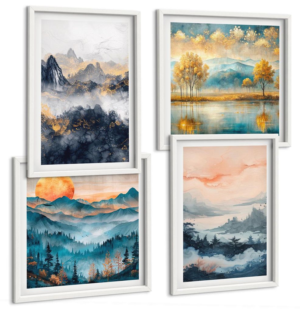 Bilder Set 4-teilig im weißen Rahmen – Wandbilder 4 Stück – gerahmte Poster für Wohnzimmer, Schlafzimmer und Flur – 50x50 cm - 40x60 cm ...