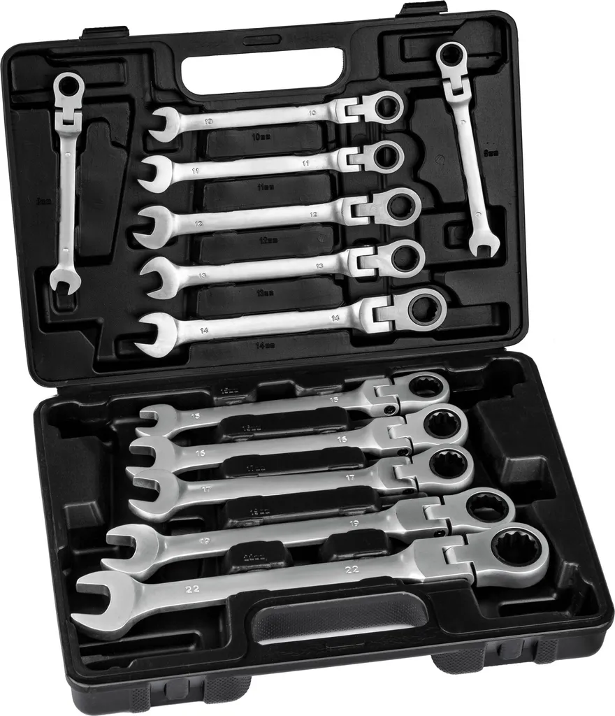 Jeu de Clés à Cliquet Métriques en Acier Cr-V Noir - Kit de 12 Pièces