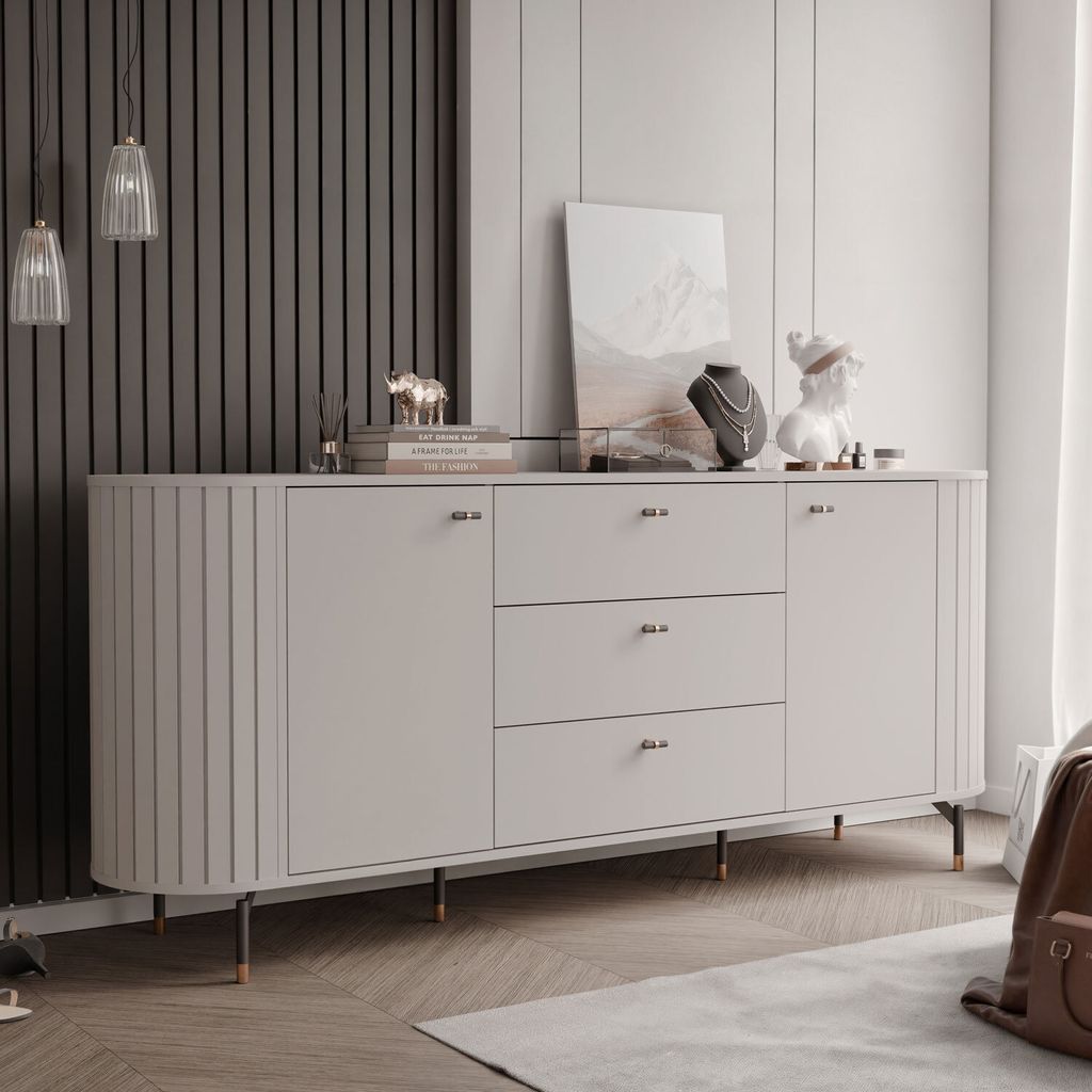 Zweitürige Kommode SENTO III 190 cm mit Schubladen und geriffelter Front Beinen Kaschmir Große Sideboard