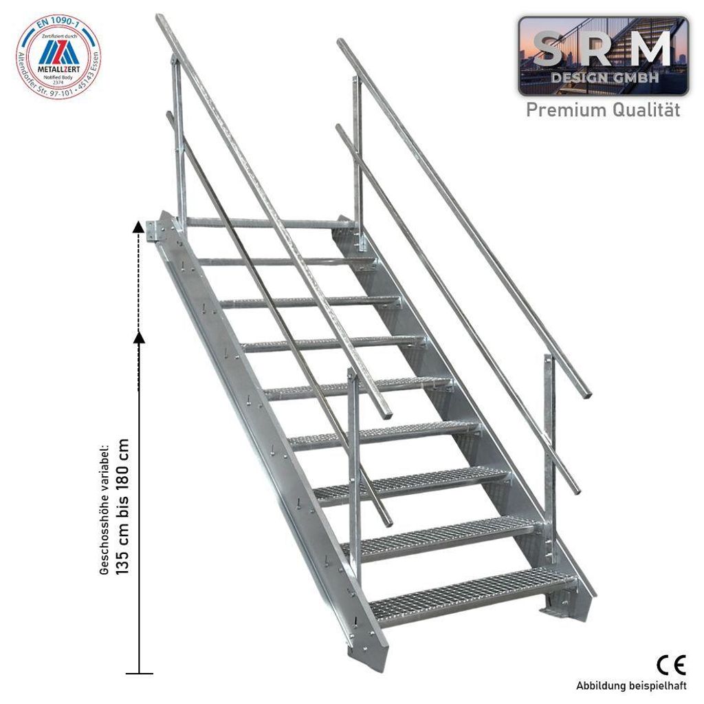 9 Stufen Stahltreppe beidseitig. Geländer Breite 90cm Produktbild 