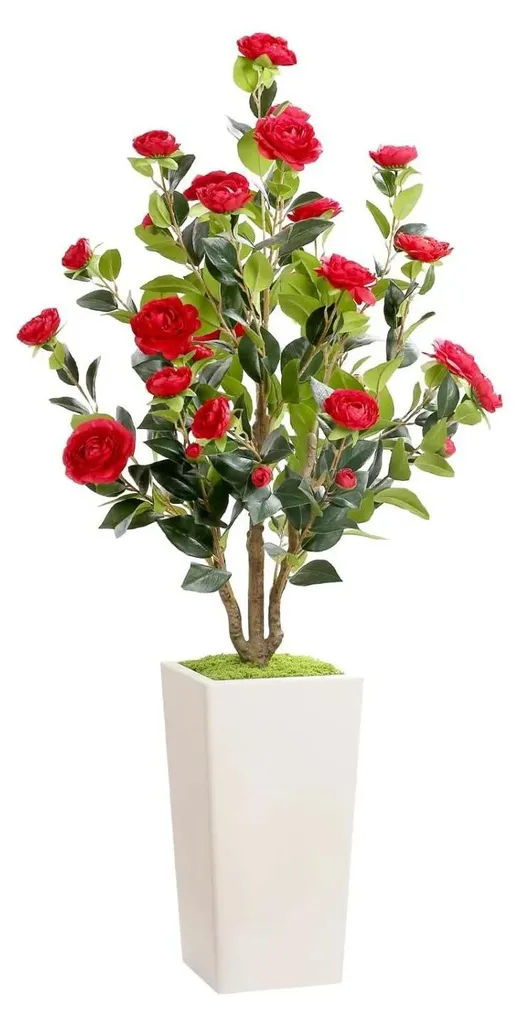 Camélia artificiel rouge en pot blanc haut 90cm - Plante en PE réaliste