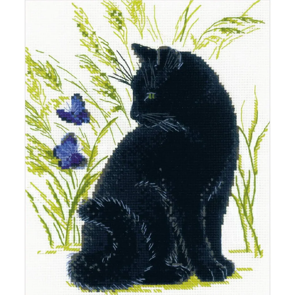 Kit Broderie Chat Noir Riolis Fils Laine et Acrylique Toile 24x30 cm