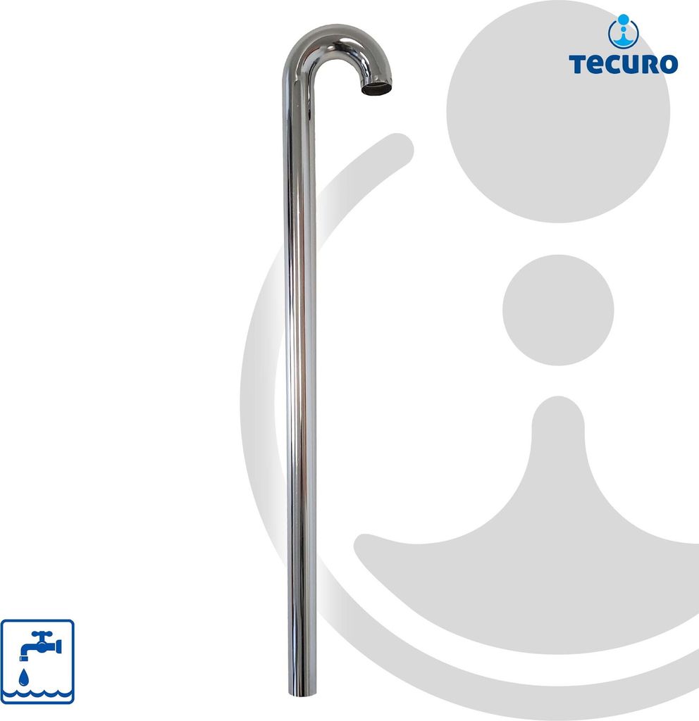 A chrome faucet spout shown vertically against a white and gray background.