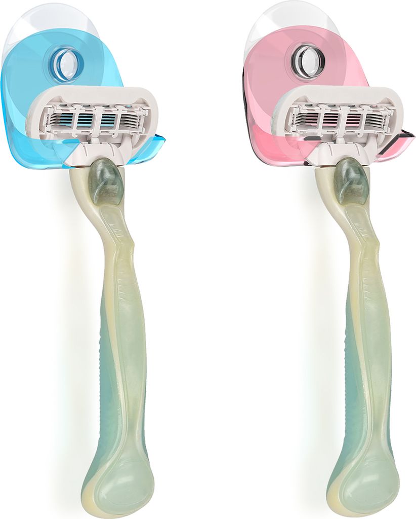 kwmobile 2x Saugnapf Halterung für Rasierer - für Glas und Fliesen - Nassrasierer Saugnapf Halter Set - Wand Haken in Rot Hellblau Transparent