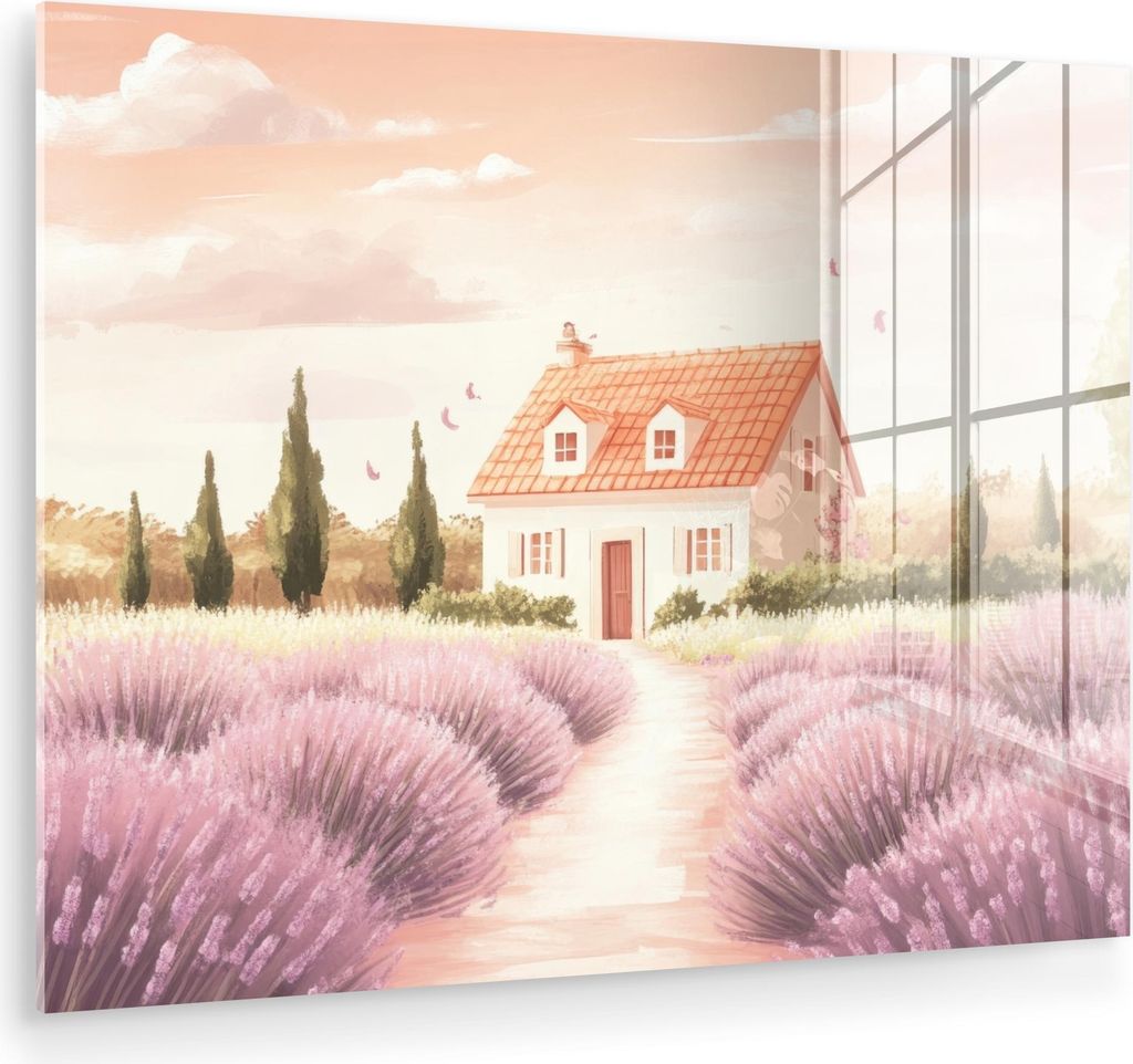 MuchoWow Glasbilder - Bilder auf Wandbild - Foto auf Glas Lavendelfeld - Haus - Lila 80x60 cm Wanddekoration aus Glas - Acrylglasbild - Acrylbilder...
