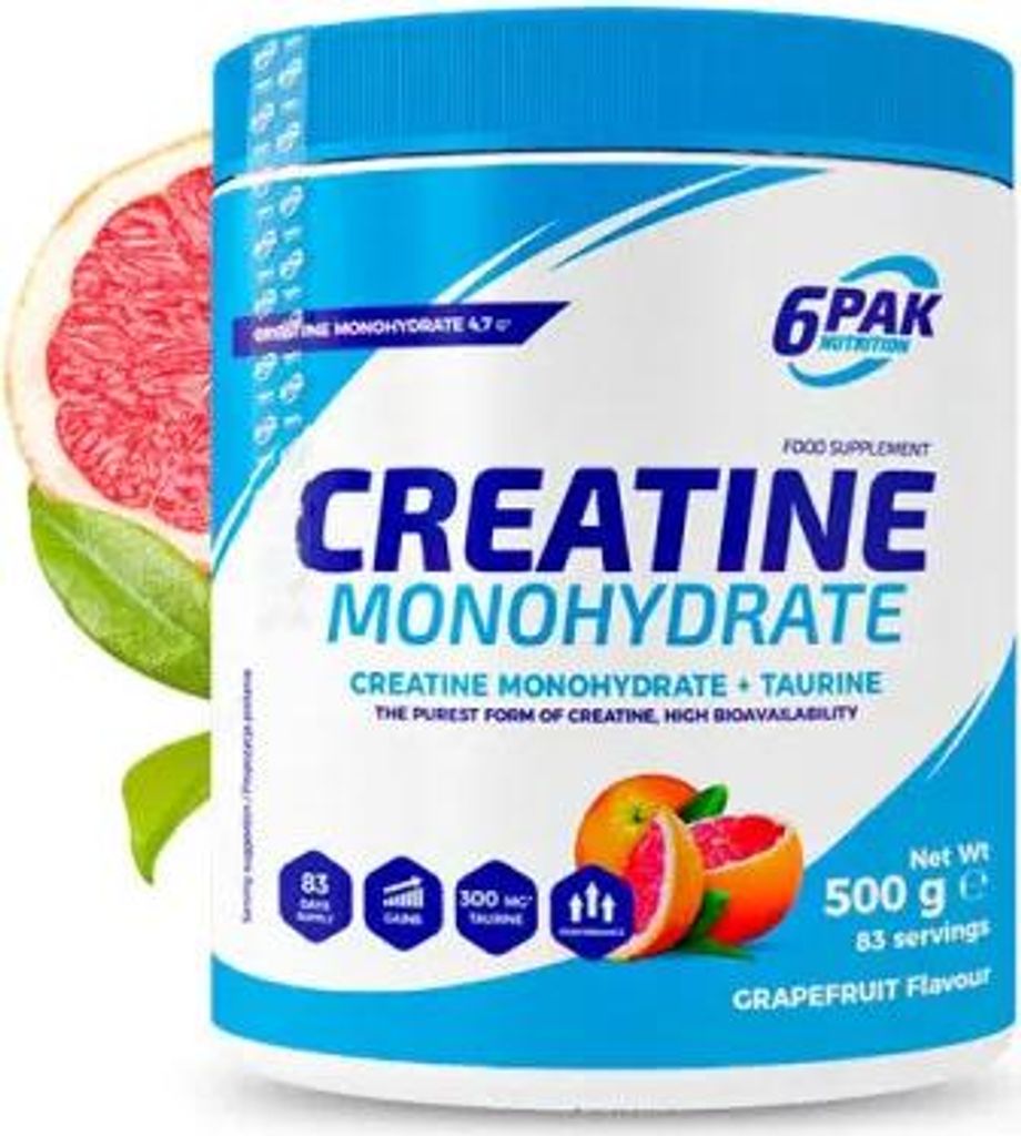A product shot of a tub of creatine monohydrate with grapefruit flavor, featuring a slice of grapefruit and some icons.