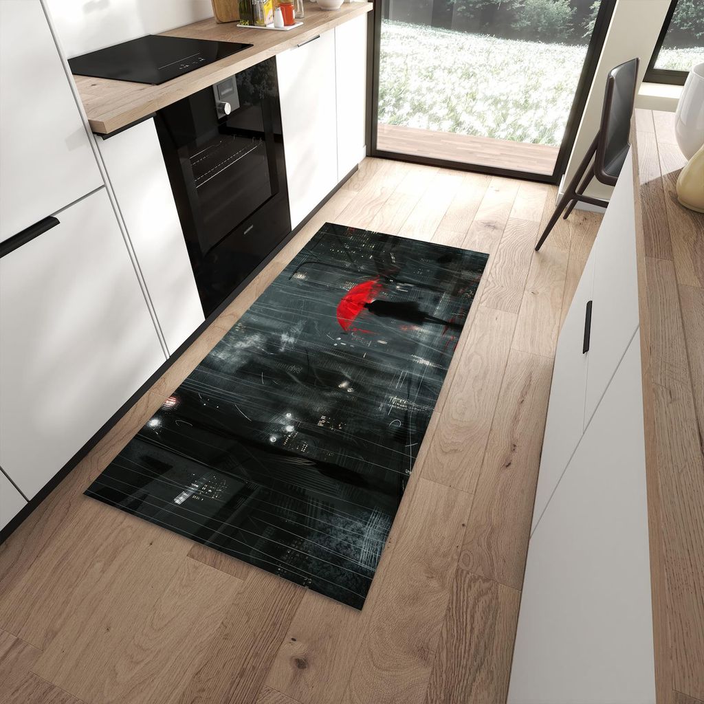 Küchenteppich 90x180cm rutschfest & abwischbar PVC Läufer - Regenroter Schirm