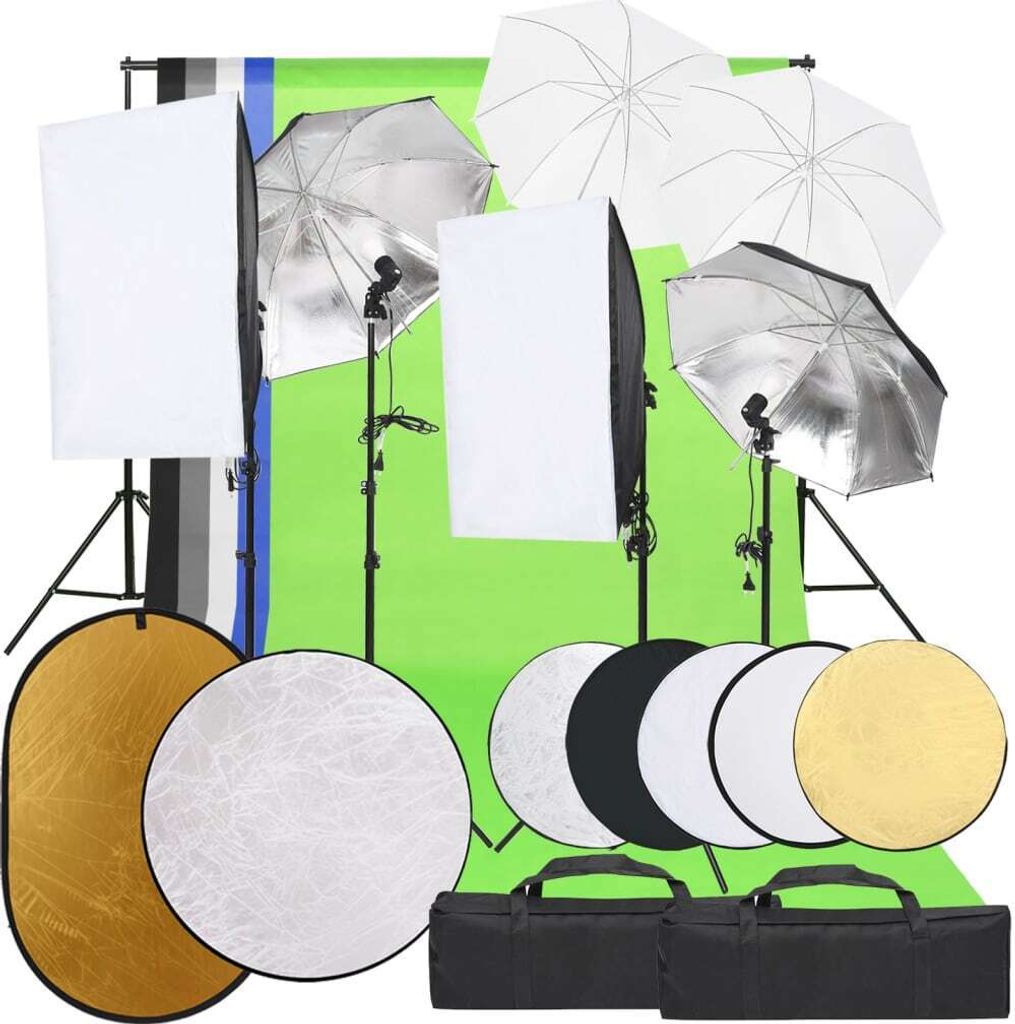 Fotostudio-Set mit Beleuchtung, Hintergrund und Reflektor
