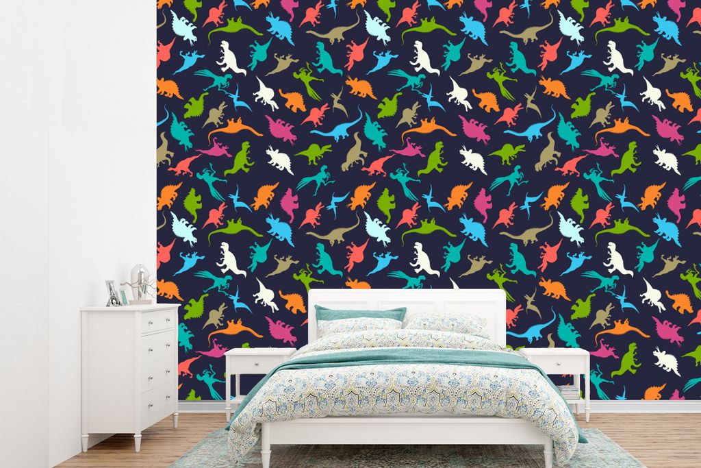 MuchoWow Fototapete für Wohnzimmer oder Schlafzimmer Wandtapete Vinyl Motivtapete Muster - Dino - Farben - Jungen - Kinder - Kind - 360x260 cm -...
