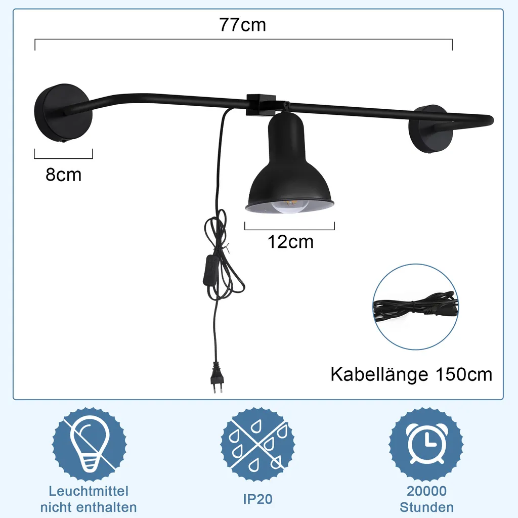 Spot Mural Noir Industriel Orientable E27 avec Interrupteur Intégré