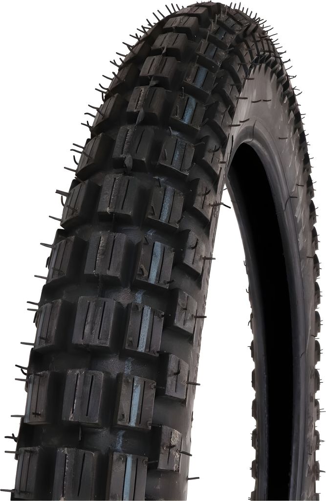 A close-up studio shot of a motorcycle tire.