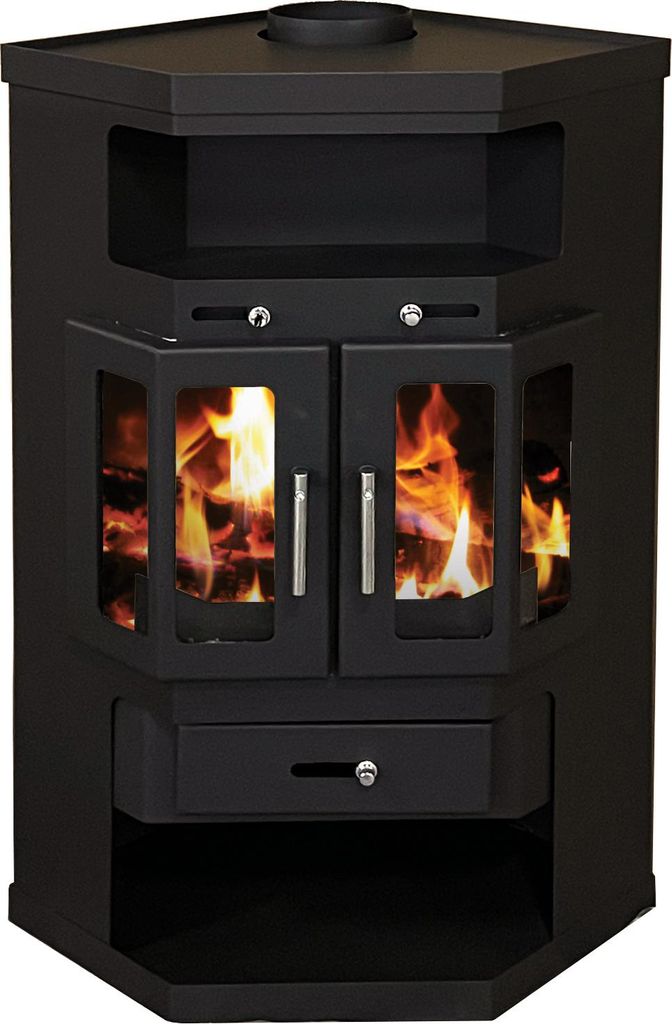 A black corner fireplace with glass doors showing a fire.