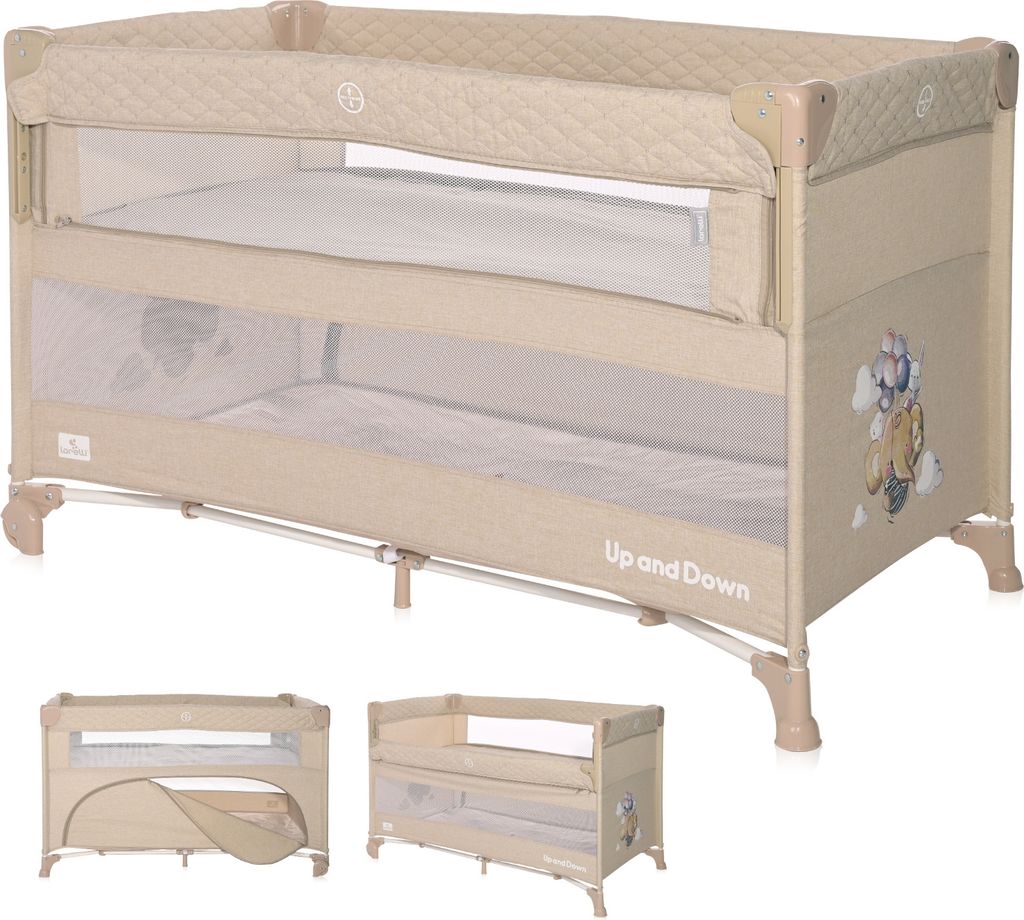 Lorelli 3in1 Babybett, Beistellbett und Laufstall Up and Down, Kinderbett mit 2 Ebenen und faltbarer Seitenwand, Baby Reisebett, beige