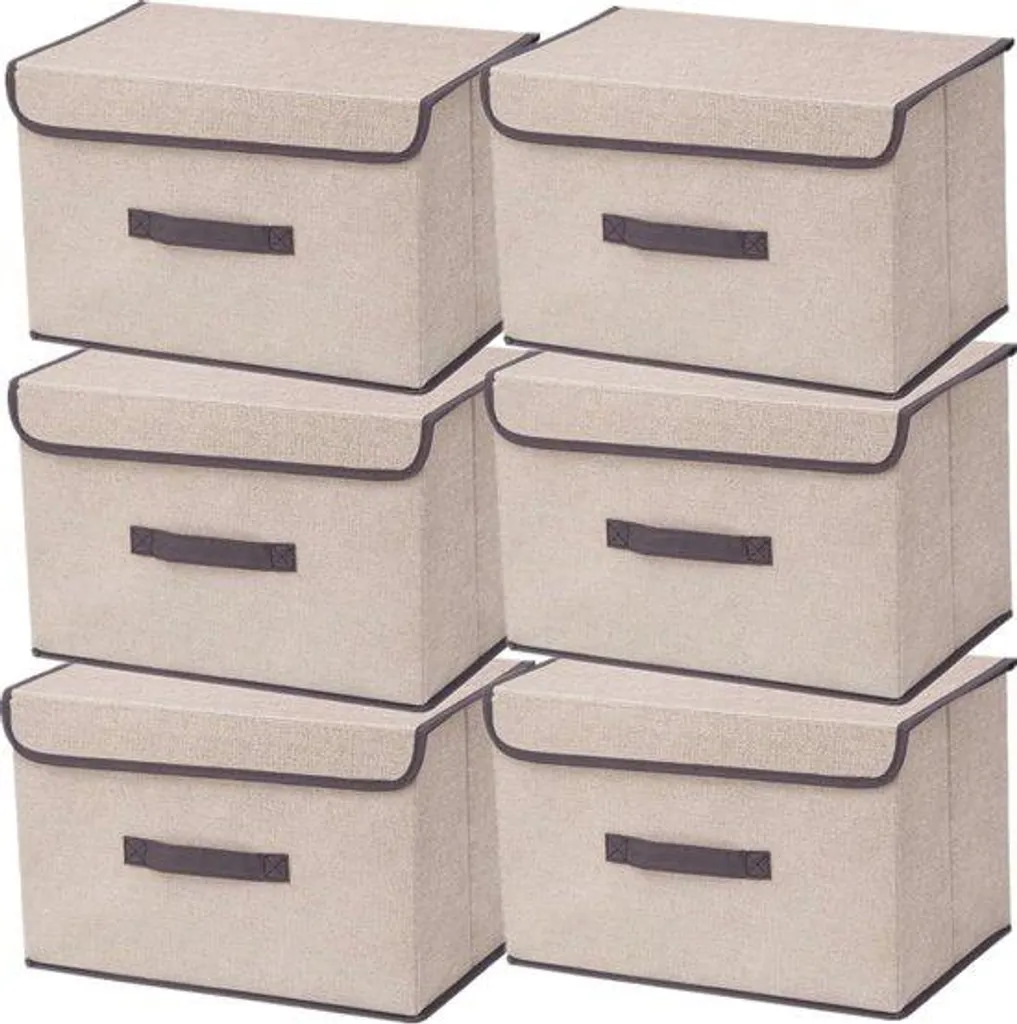 6 Bacs de rangement pliables avec poignées robustes set beige et blanc