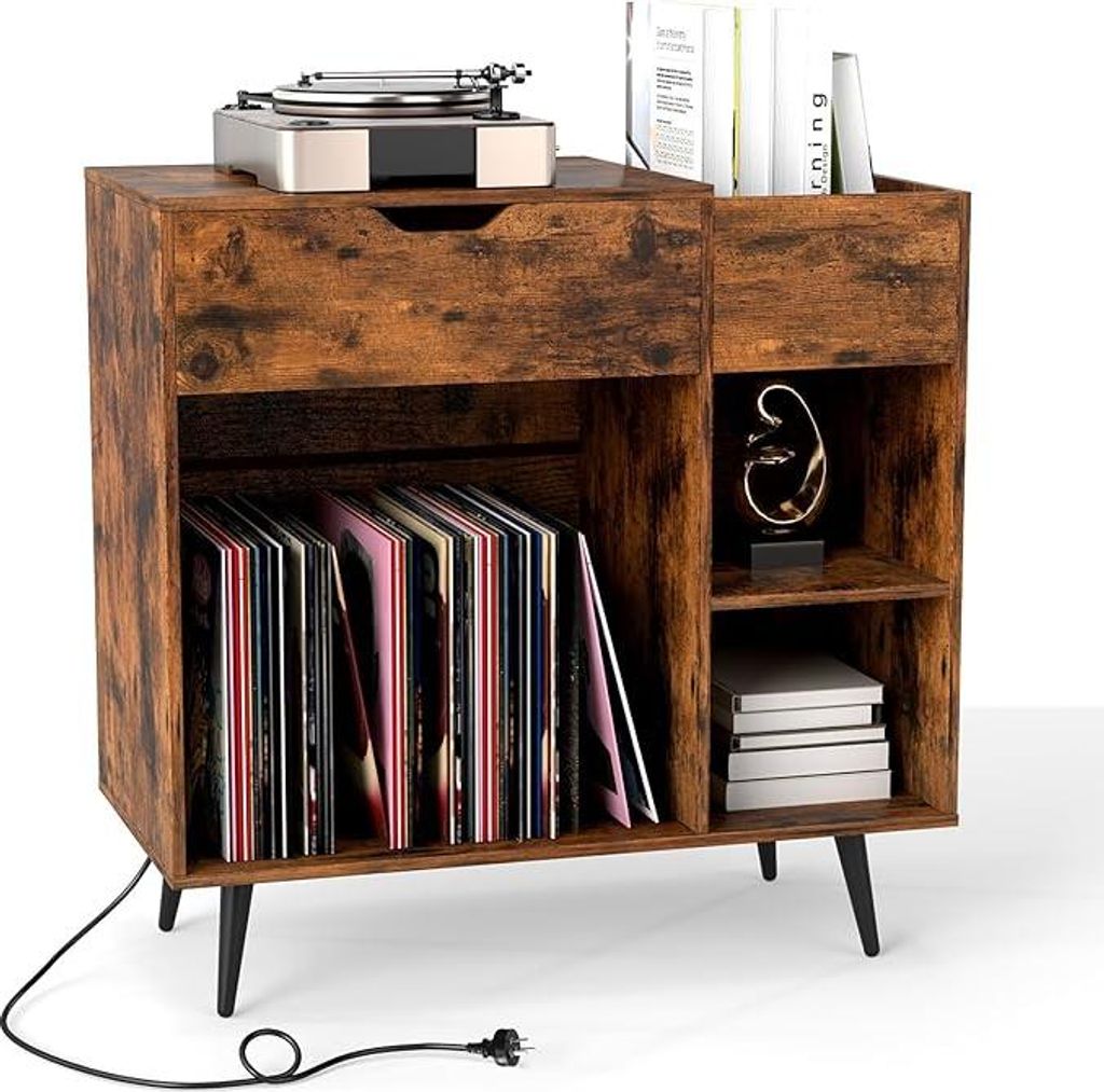 Plattenspieler Stand, Großer challplattenständer mit Steckdosen, Album Aufbewahrung & Metallbeine, Vinyl Platten Aufbewahrungsschrank, Braun