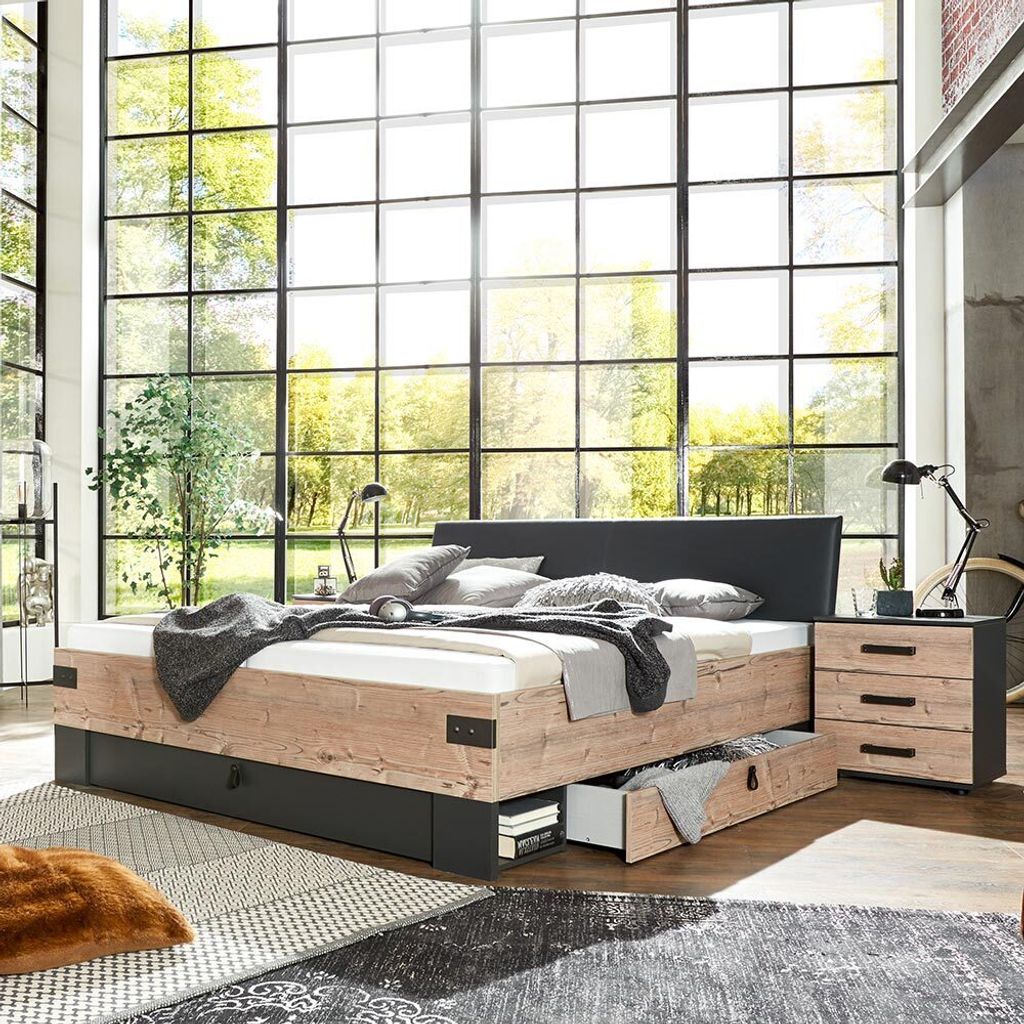 Schlafzimmer Set Industrial Look 180x200cm LIegefläche graphit mit Fichte SUNDERLAND-43, 3-teilig