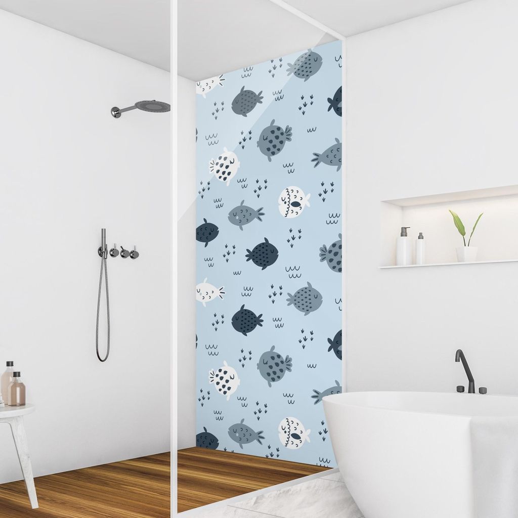 Duschrückwand Tiere selbstklebend - 0.61 mm Wandpaneel wasserfest Fische blau Illustration Badrückwand fugenlos Premium matt 110x200 cm