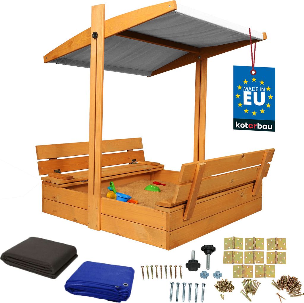 KOTARBAU Sandkasten mit Dach 100x100 cm Holz mit Abdeckung & Sitzbänken Sandkiste Gartenspielzeug für Kinder mit Deckel & Sonnenschutz in Grau ...