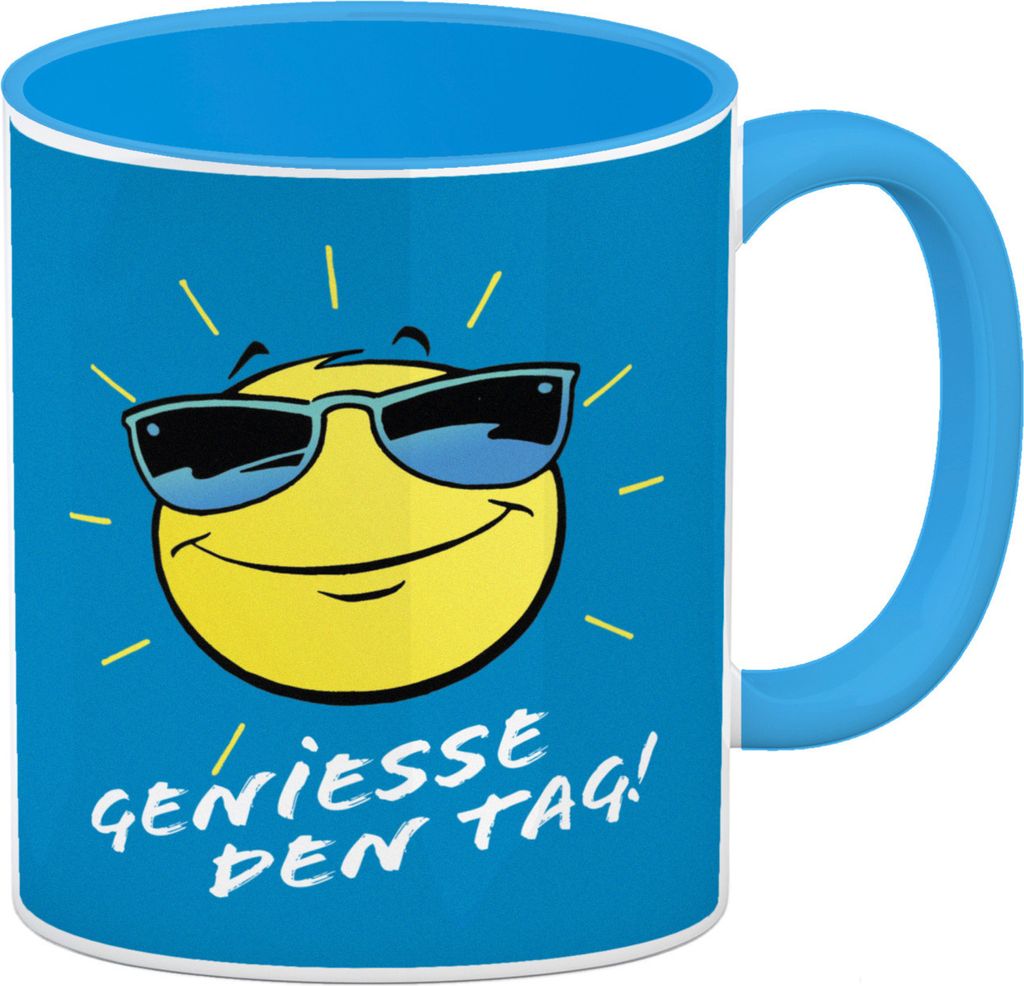 Geniesse den Tag! Kaffeebecher Hellblau Das coole Design des Kaffeebechers