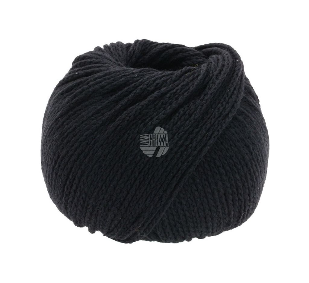 A ball of black yarn with a logo in the center.