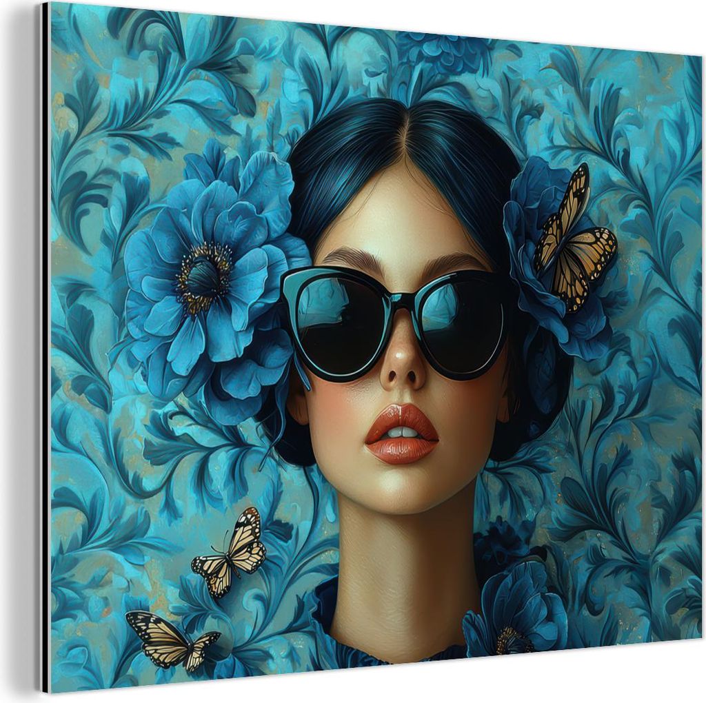 MuchoWow Wanddekoration Metall Metallbild Wandkunst 40x30 cm Frau - Blumen - Schmetterlinge - Blau - Abstrakt MuchoWow Aluminium Gemälde - Dekorat...