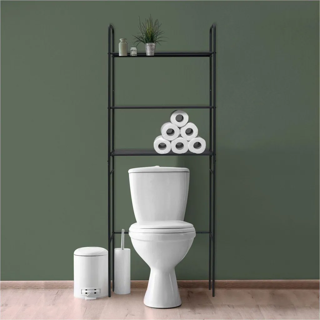 Étagère Pont WC Métal Noir 180x66cm - Rangement WC 3 Niveaux Robuste
