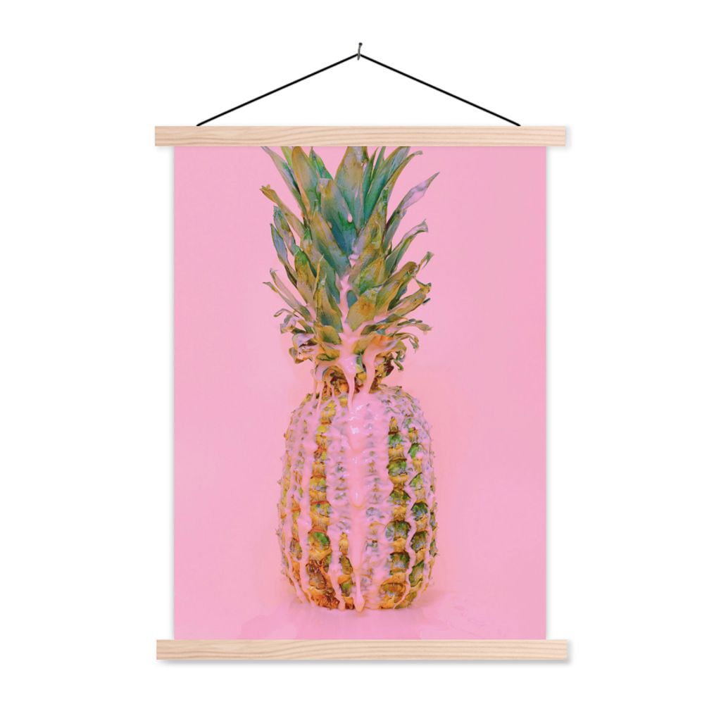 MuchoWow Textilposter Farbe - Ananas - Rosa - Sommer 120x160 cm mit holzfarbenen Rahmen - Plakatkarton