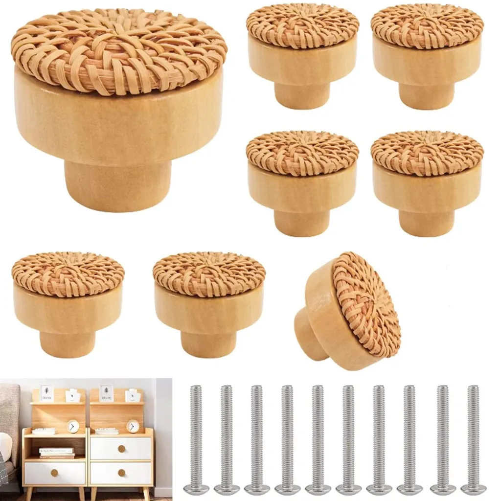 Boutons pour meubles en bois et rotin - Décoration bohème chic lot de 8