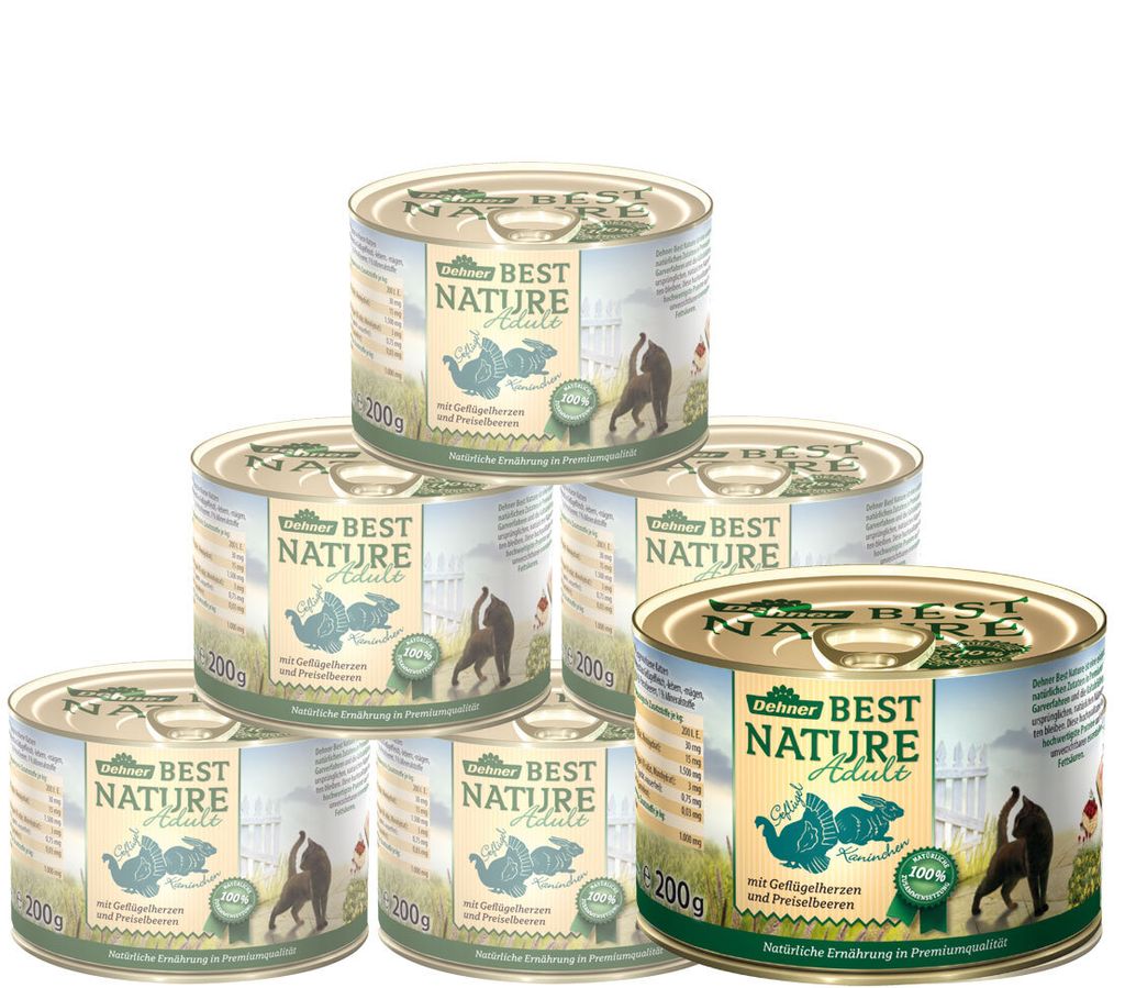 Dehner Best Nature Katzenfutter, Nassfutter, für ausgewachsene Katzen, Geflügelherzen / Kaninchen 6 x 200 g Dose (1.2 kg)