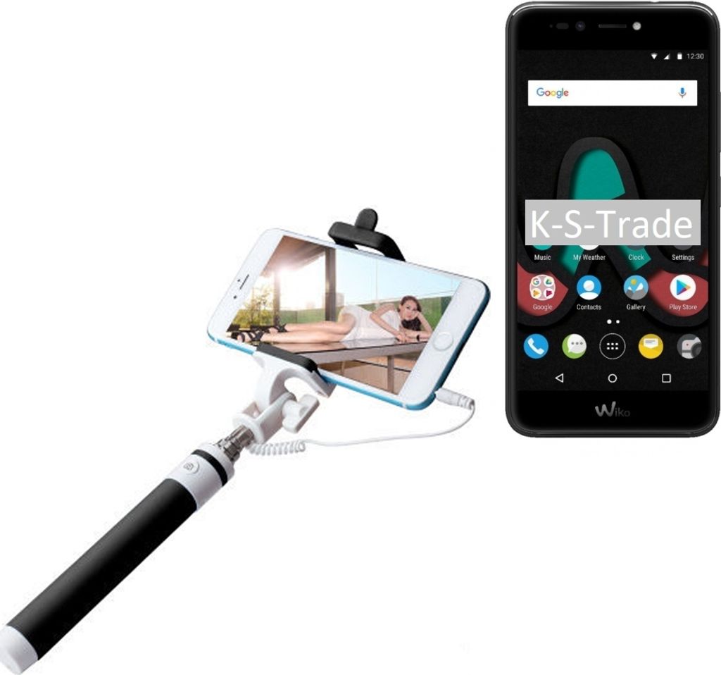 K-S-Trade Selfie Stick kompatibel mit Wiko Upulse Lite Selfiestick kabelgebunden Monopod mit Kabel Stab Stange Selfportrait Handheldstick schwarz 1x