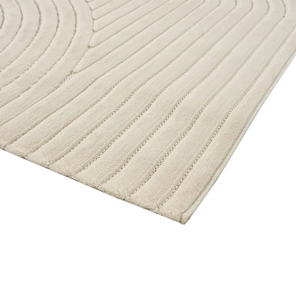 Tapis design beige à lignes géométriques, velours bas et forme ronde - 5